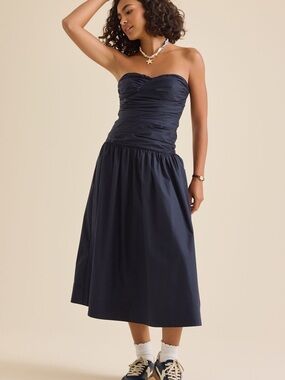 Altar'd State Strapless Navy Midi Dress with Ruched Bodice
